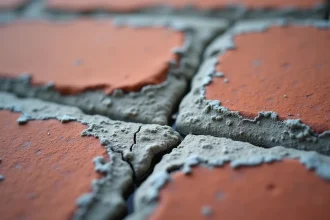 Fissures fines sur du mortier neuf entre des briques rouges, révélant des craquelures typiques du retrait lors du séchage