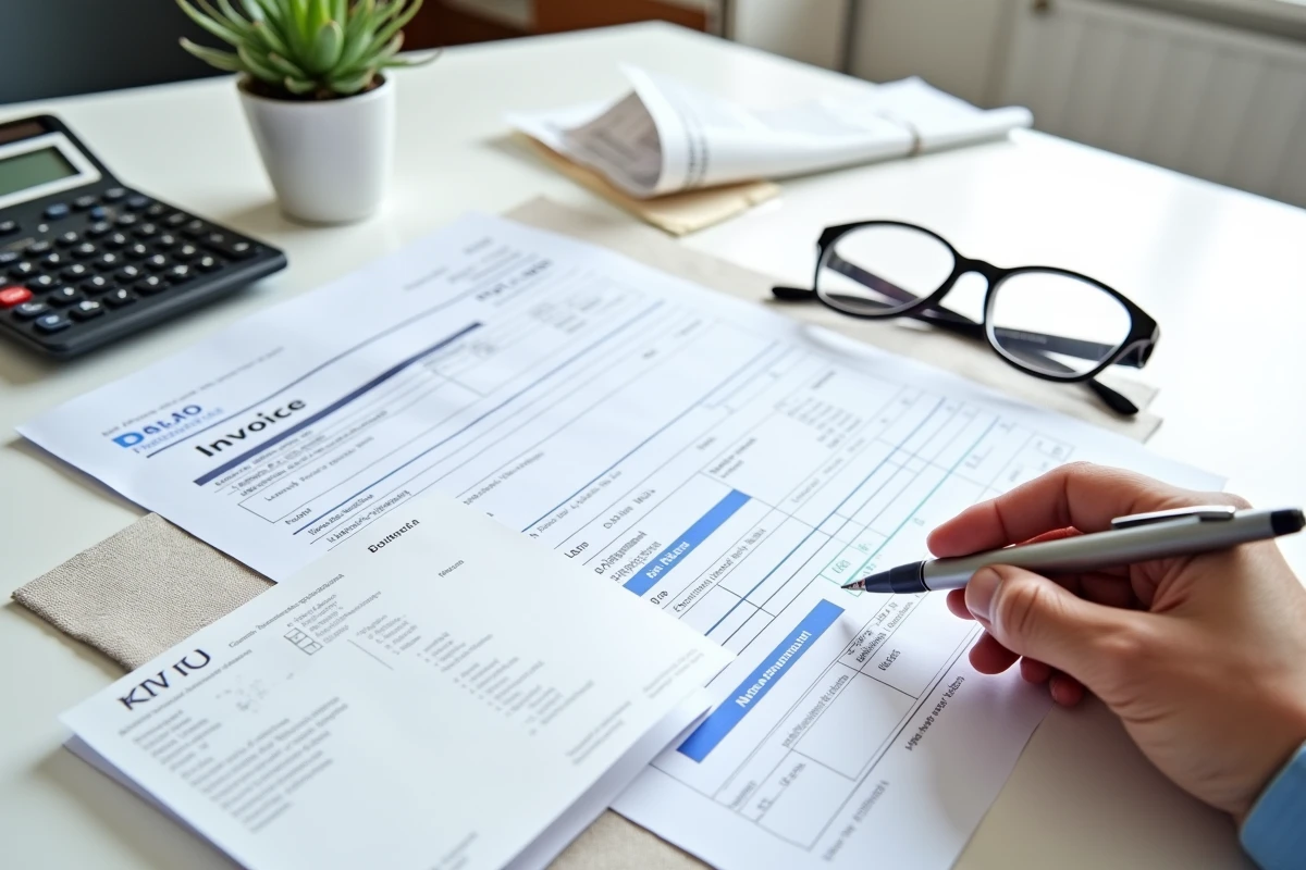 Vue en plongée d'une déclaration fiscale de travaux posée sur un bureau avec des factures d'entrepreneur et une calculatrice pour un crédit d'impôt