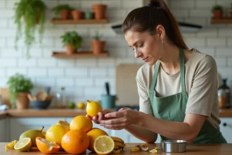 Femme en tablier vert hésitant à composter des épluchures de citron et des noyaux de mangue dans une cuisine en bois