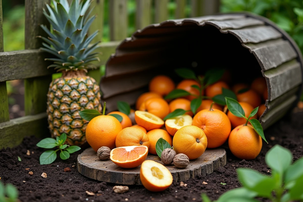 Vue rapprochée de fruits inadaptés au compostage comme des agrumes et des noyaux de pêche posés sur une planche en bois près d'un bac à compost de jardin