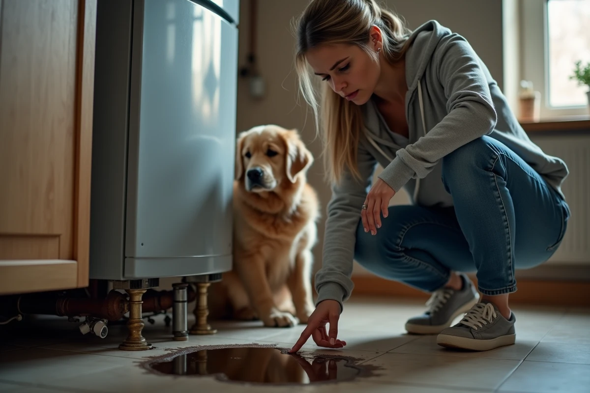 Femme inquiète inspectant une fuite de fioul sur le sol d'une chaufferie domestique avec son chien golden retriever à proximité