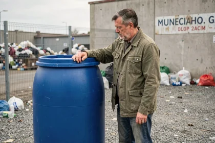 Homme inspectant un fût de 200 litres en plastique bleu dans une déchetterie municipale