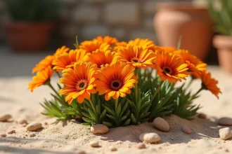 Fleurs de gazania en fleur dans un sol sec et sablonneux, illustrant leur résistance à la sécheresse