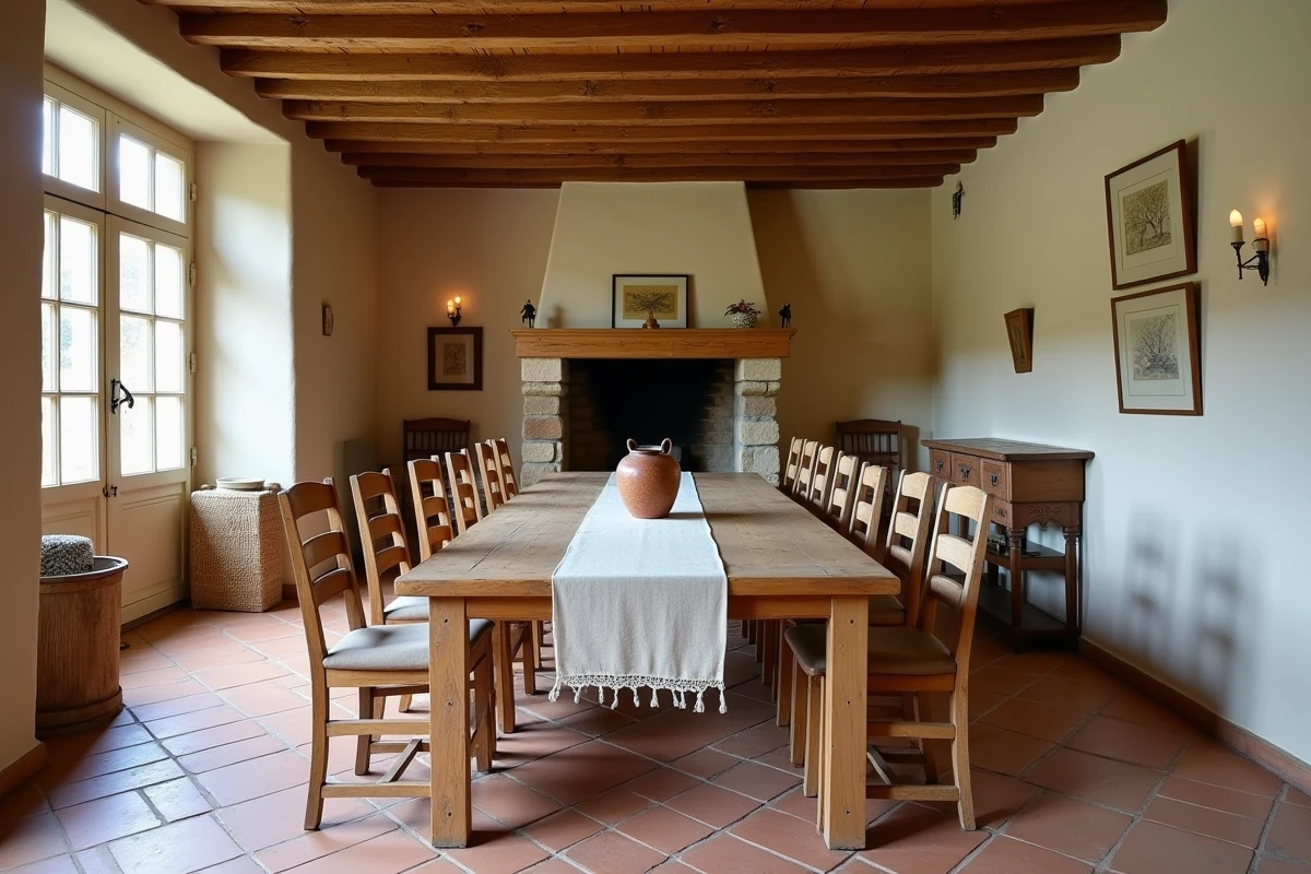 Grande salle à manger traditionnelle avec table en pin de 280 cm et dix chaises vintage dans une maison de campagne française aux poutres apparentes