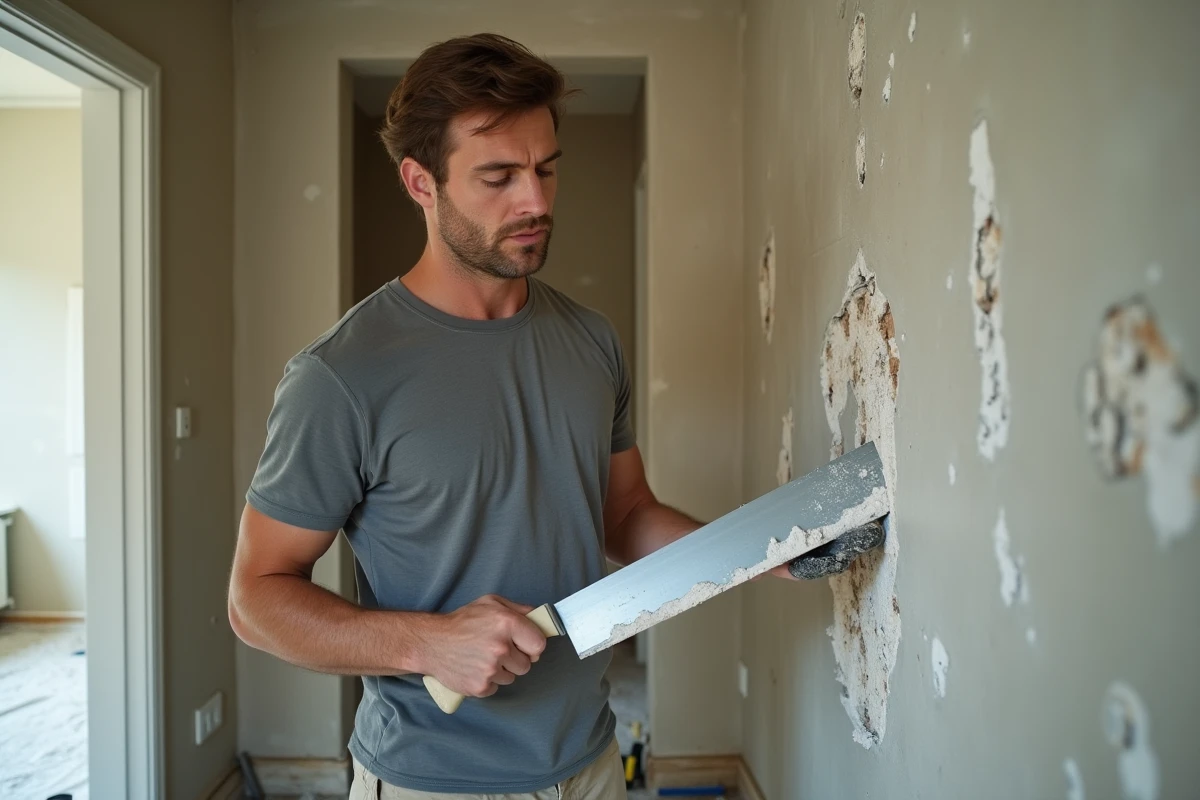 Homme en train de gratter un mur en plâtre abîmé avec une spatule pour préparer la surface avant peinture