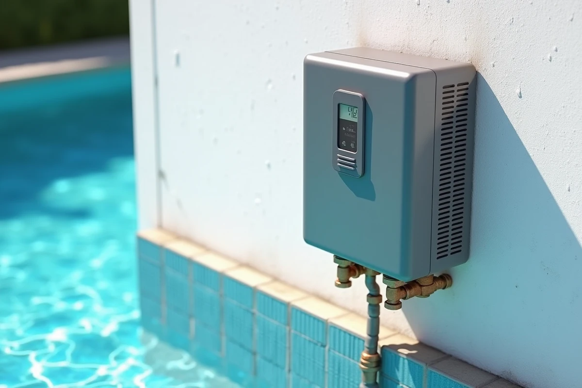 Gros plan sur un chauffe-piscine au gaz mural avec raccords en cuivre et panneau de commande numérique installé en extérieur
