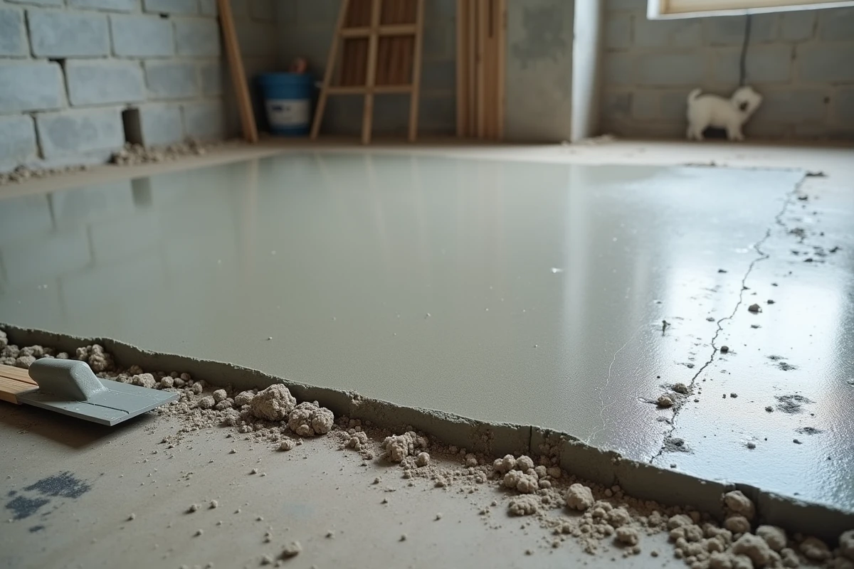 Gros plan sur une surface de ciment frais avec des fibres de polypropylène intégrées pour prévenir les fissures