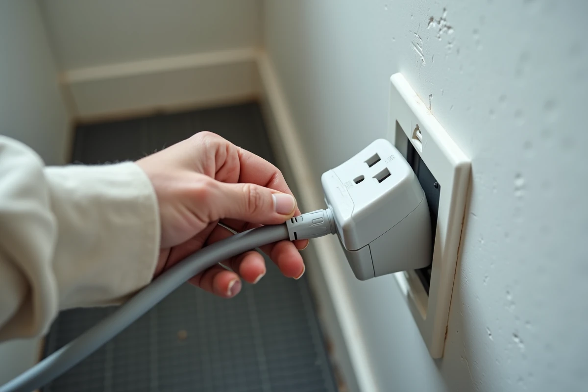 Gros plan d'une main débranchant la prise électrique d'une machine à laver d'une prise murale