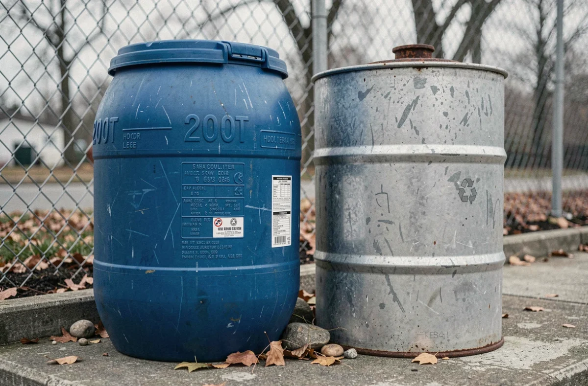 Gros plan sur un fût plastique et un fût métallique de 200 litres déposés dans une déchetterie en automne