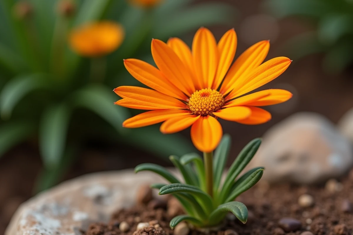 Gros plan d'une fleur de gazania avec feuilles sèches montrant sa tolérance à la faible irrigation