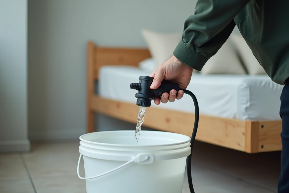 Gros plan sur une pompe manuelle utilisée pour vider un matelas de lit à eau dans un seau