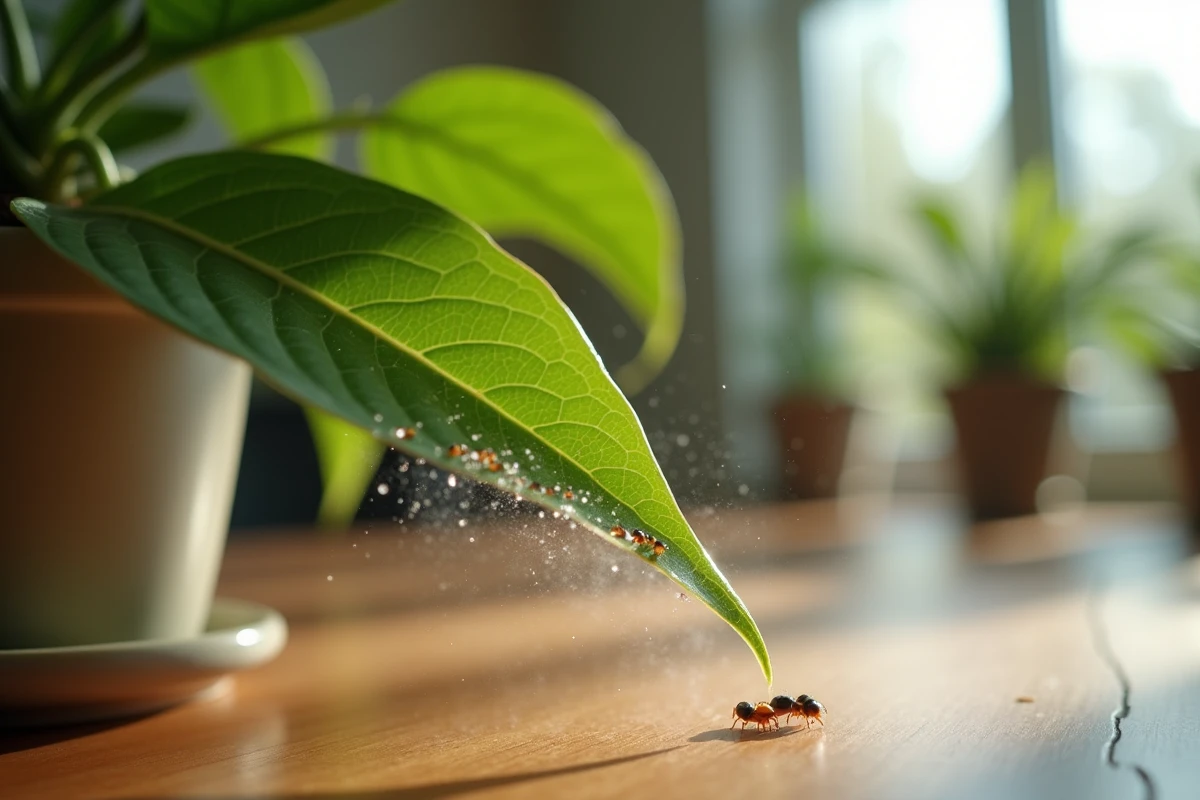 Gros plan sur des pucerons sur une feuille de plante d'intérieur avec application d'un traitement en spray