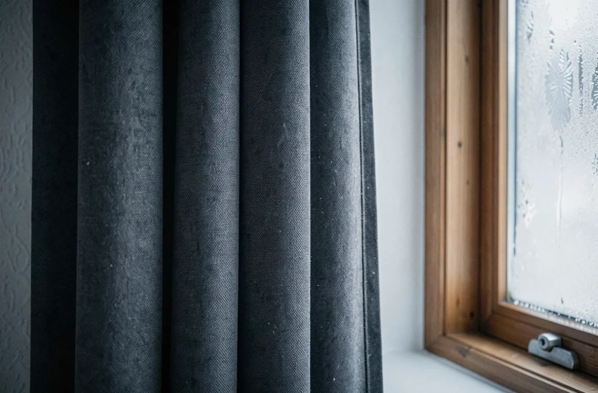 Gros plan sur la texture multicouche d'un rideau thermique occultant accroché devant une fenêtre givrée dans une chambre