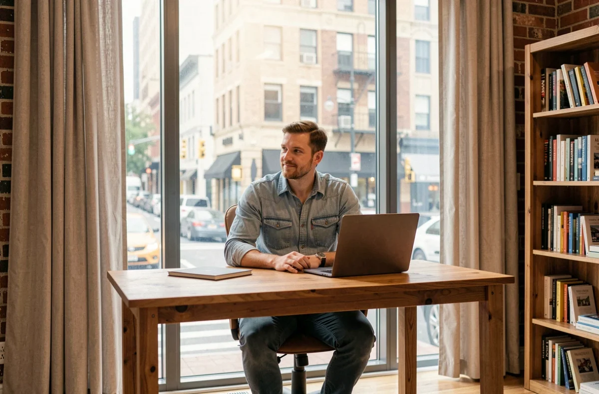Homme travaillant dans un bureau à domicile avec des rideaux thermiques encadrant une grande fenêtre donnant sur la rue