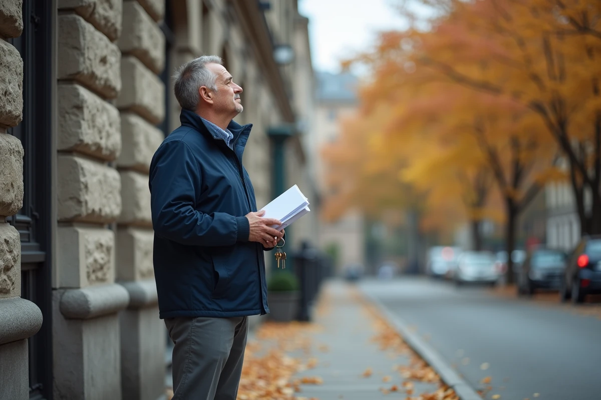 Homme tenant des clés et un bail devant un immeuble résidentiel en automne, réfléchissant à son déménagement