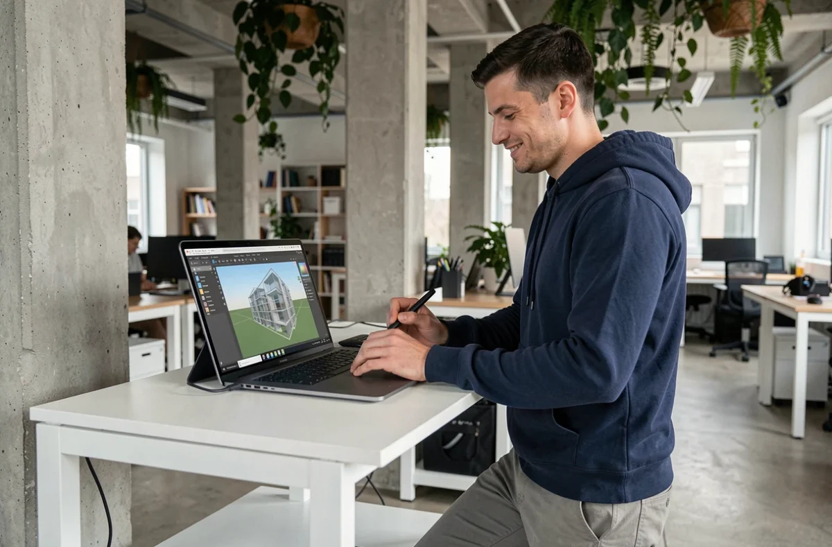 Homme debout dans un espace de coworking explorant un logiciel de modélisation architecturale 3D gratuit sur tablette graphique