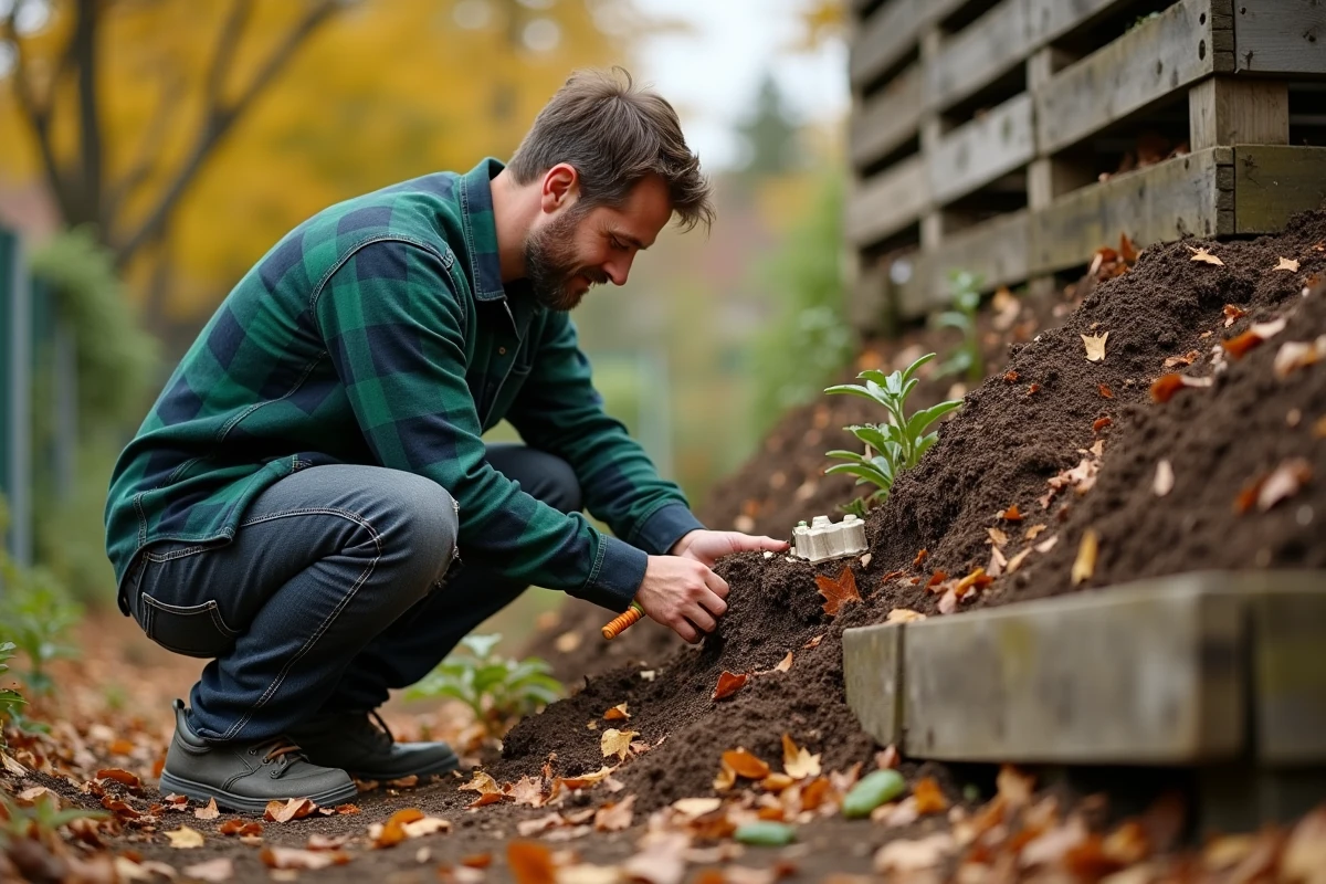 Homme déchirant une boîte d'œufs en carton pour l'incorporer dans un tas de compost au jardin partagé
