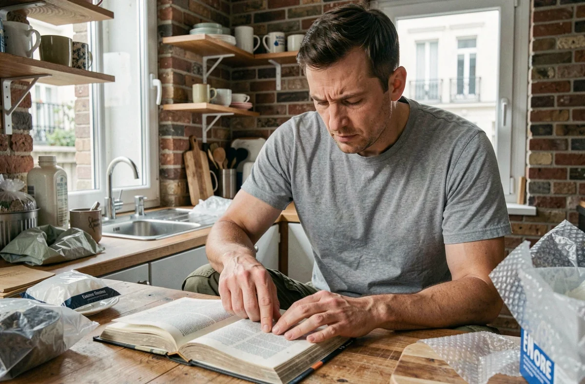 Homme consultant un dictionnaire français pour vérifier le verbe emménager, entouré d'affaires lors d'un déménagement