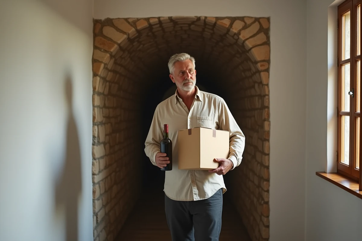 Homme adulte à l'entrée d'une cave tenant une bouteille de vin et un carton illustrant la différence entre cave et sous-sol