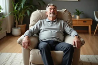 Homme d'une cinquantaine d'années se reposant dans un fauteuil relax beige dans un salon scandinave chaleureux