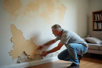 Homme inspectant des traces de dégâts des eaux sur un mur de salon avec taches jaunes et peinture décollée
