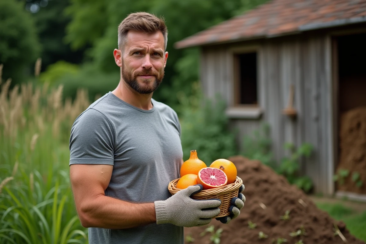 Homme au jardin tenant un panier de fruits acides comme des oranges et des grenades inadaptés au compostage