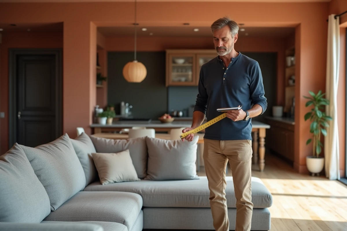 Homme prenant note des dimensions d'un canapé d'angle dans un salon contemporain à plan ouvert