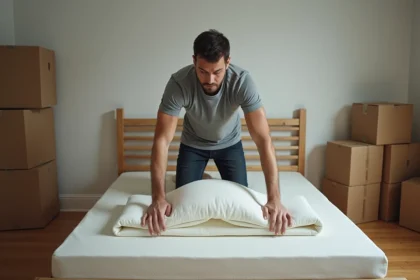 Homme pliant un matelas en mousse en deux dans une chambre en cours de déménagement avec des cartons