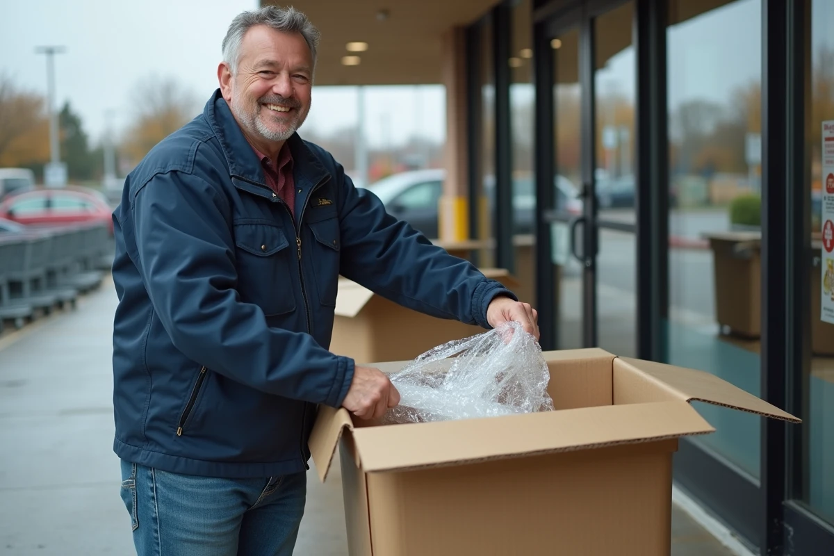 Homme récupérant du papier bulle gratuitement devant un bac de recyclage de supermarché
