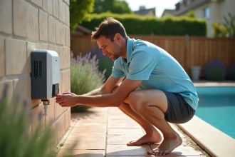 Homme ajustant un chauffe-piscine au gaz installé en extérieur au bord d'une piscine enterrée dans un jardin provençal