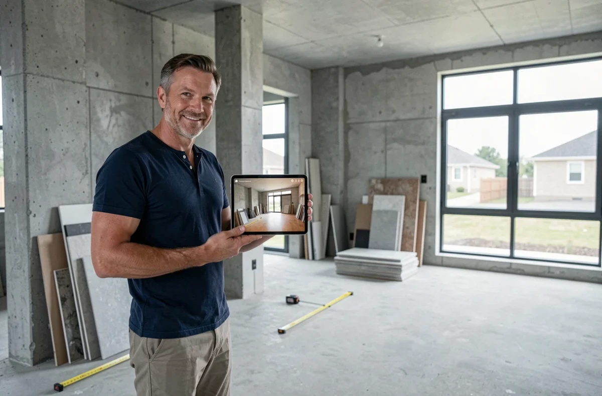Homme comparant un rendu IA photoréaliste sur tablette avec l'intérieur brut d'une pièce en rénovation, projet home design gratuit