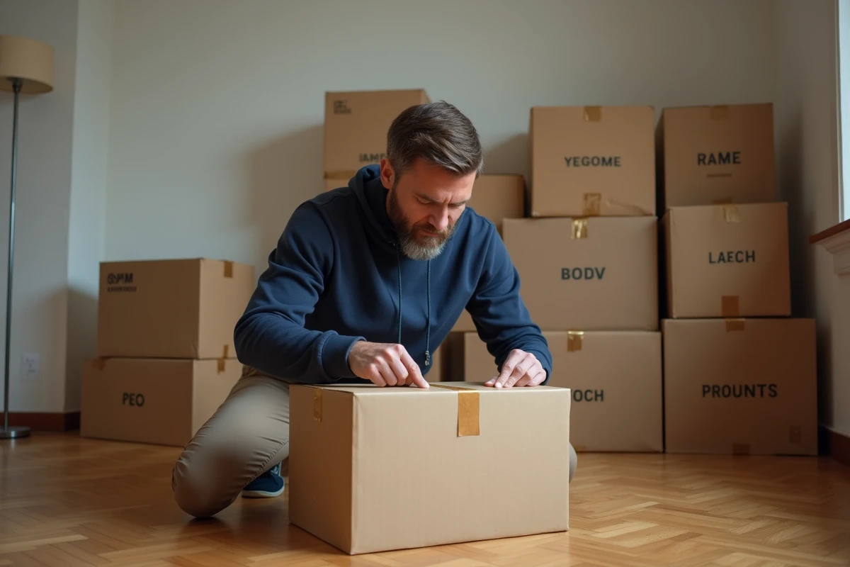 Homme scellant des cartons dans une chambre presque vide lors d'un déménagement organisé en deux semaines