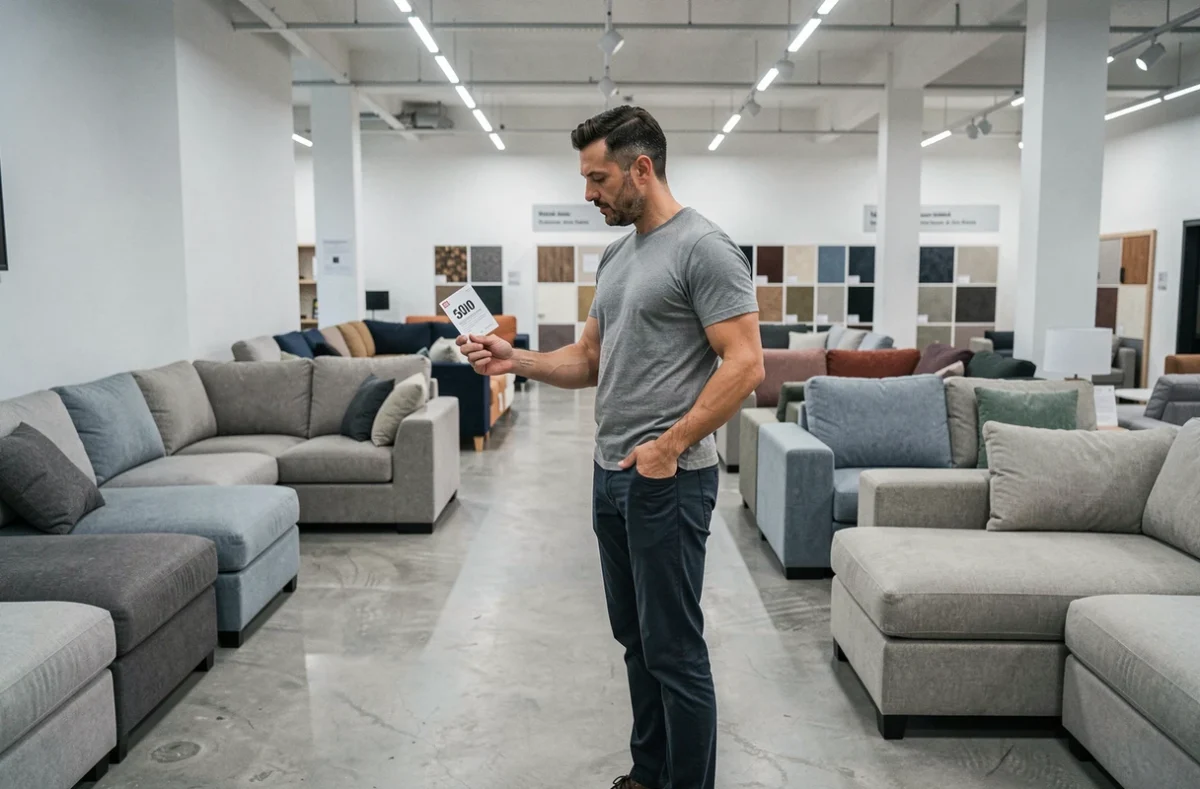 Homme examinant des canapés d'angle dans un showroom de meubles avec une expression dubitative face aux prix et aux modèles