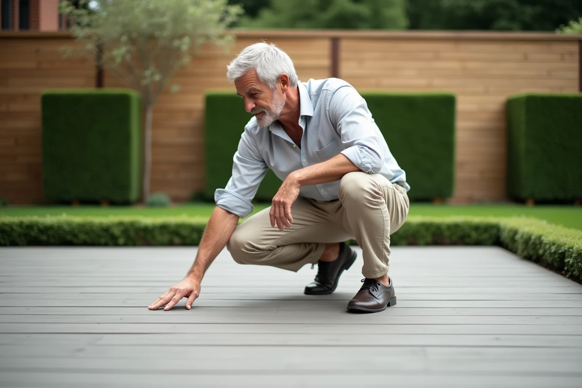 Homme examinant la surface d'une terrasse composite moderne dans un jardin contemporain bien entretenu