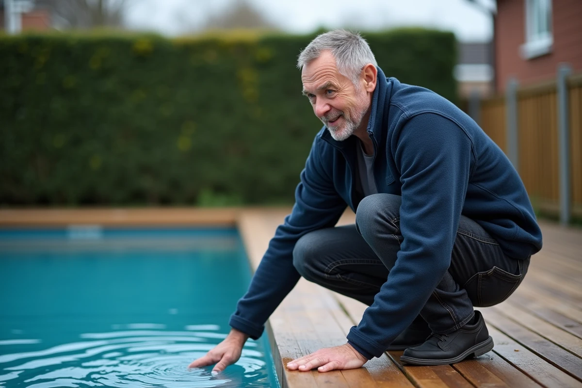 Homme testant la température de l'eau de sa piscine au petit matin après une nuit fraîche