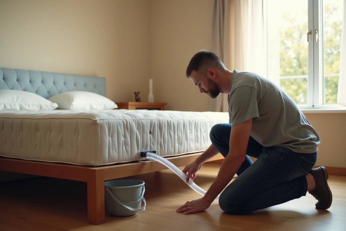 Homme vidant un lit à eau en attachant un tuyau siphon à la valve de drainage du matelas
