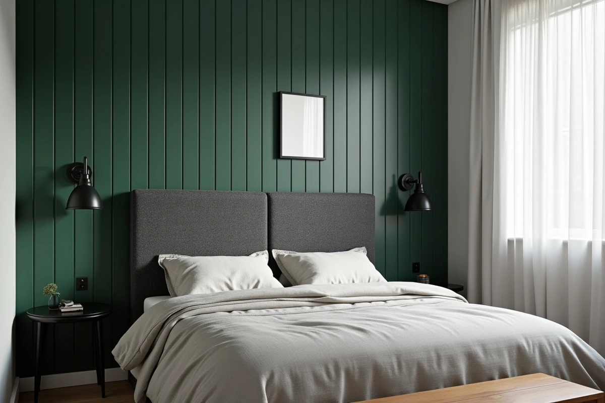 Chambre urbaine avec tête de lit haute et lambris verticaux pour agrandir visuellement la hauteur de la pièce