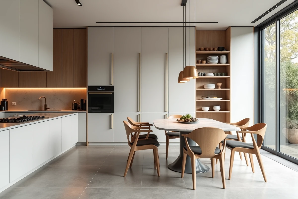 Cuisine moderne avec meubles jusqu'au plafond et suspension haute pour créer une illusion de grande hauteur