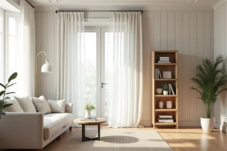 Salon scandinave avec rideaux sol-plafond et étagères verticales pour créer une illusion de hauteur