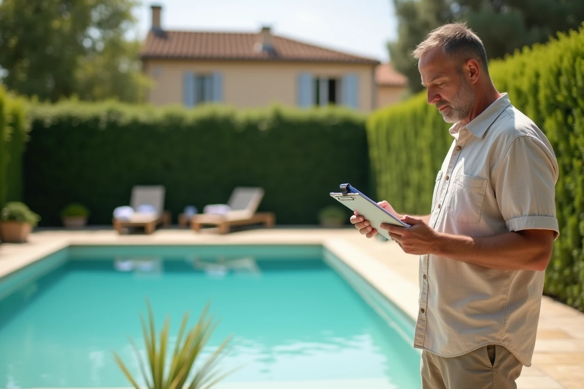 Propriétaire examinant des documents administratifs au bord d'une piscine privée dans un jardin résidentiel français