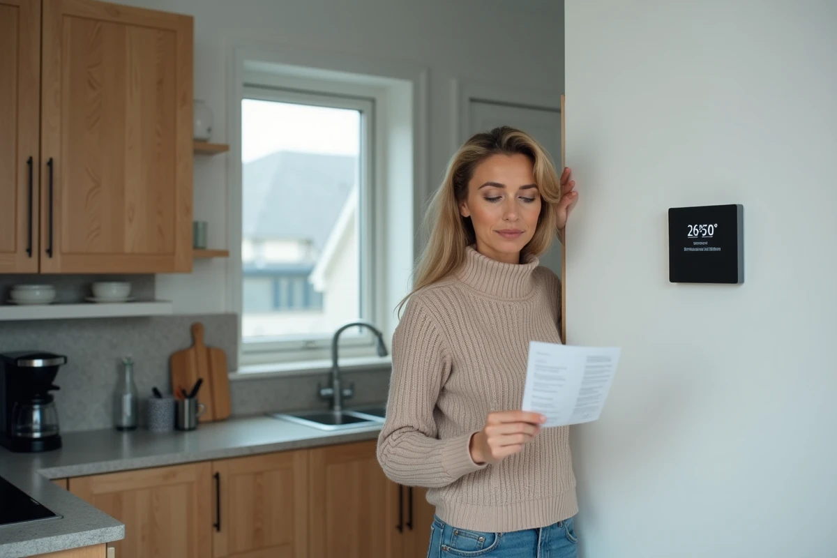 Femme préoccupée consultant sa facture d'énergie face au panneau de contrôle de son chauffe-eau solaire, illustrant les limites économiques du système