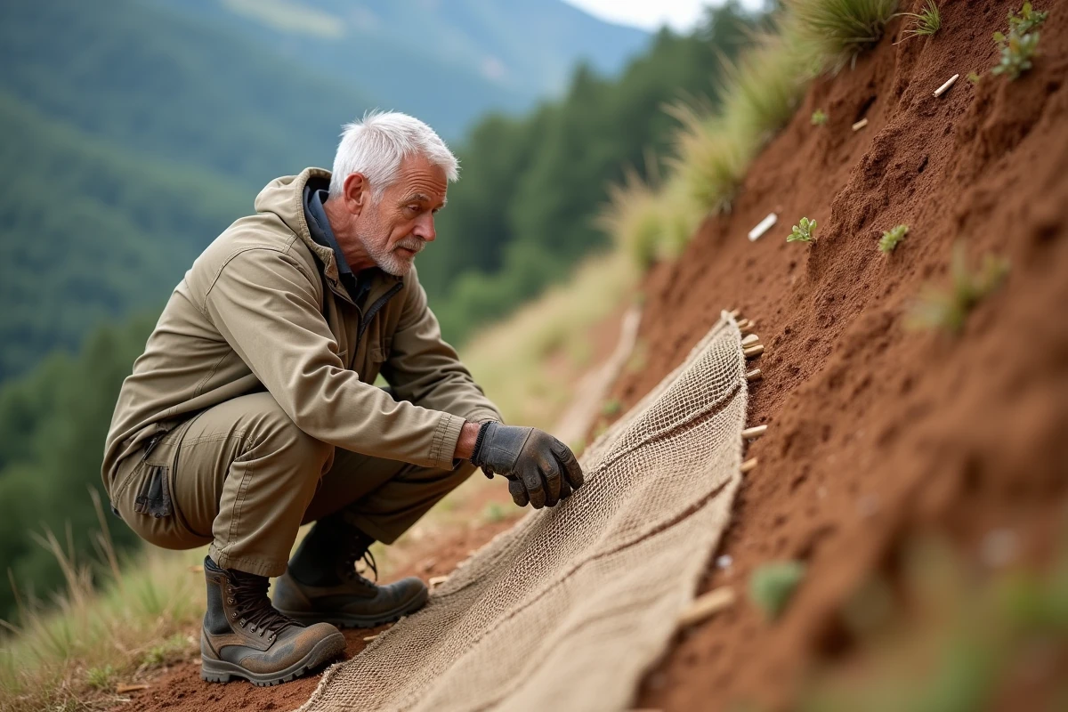 Ingénieur environnemental inspectant un géotextile de contrôle de l'érosion installé sur un talus herbeux en zone rurale