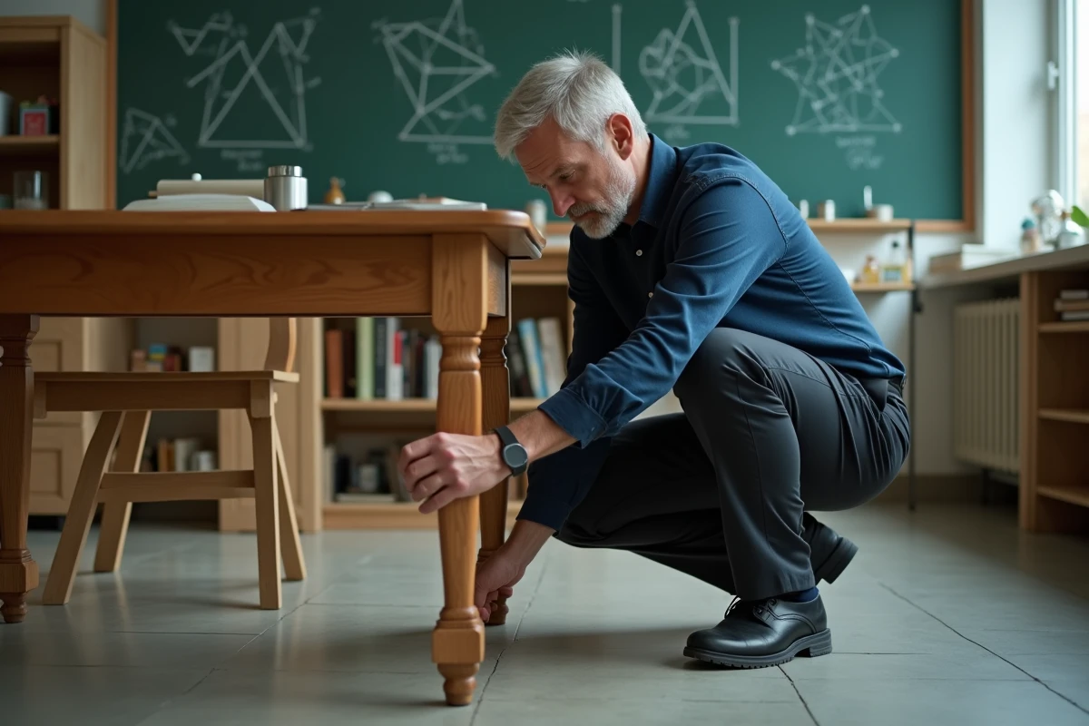 Ingénieur examinant les pieds d'une table à quatre pieds sur sol irrégulier dans un laboratoire universitaire, concept de stabilité structurelle