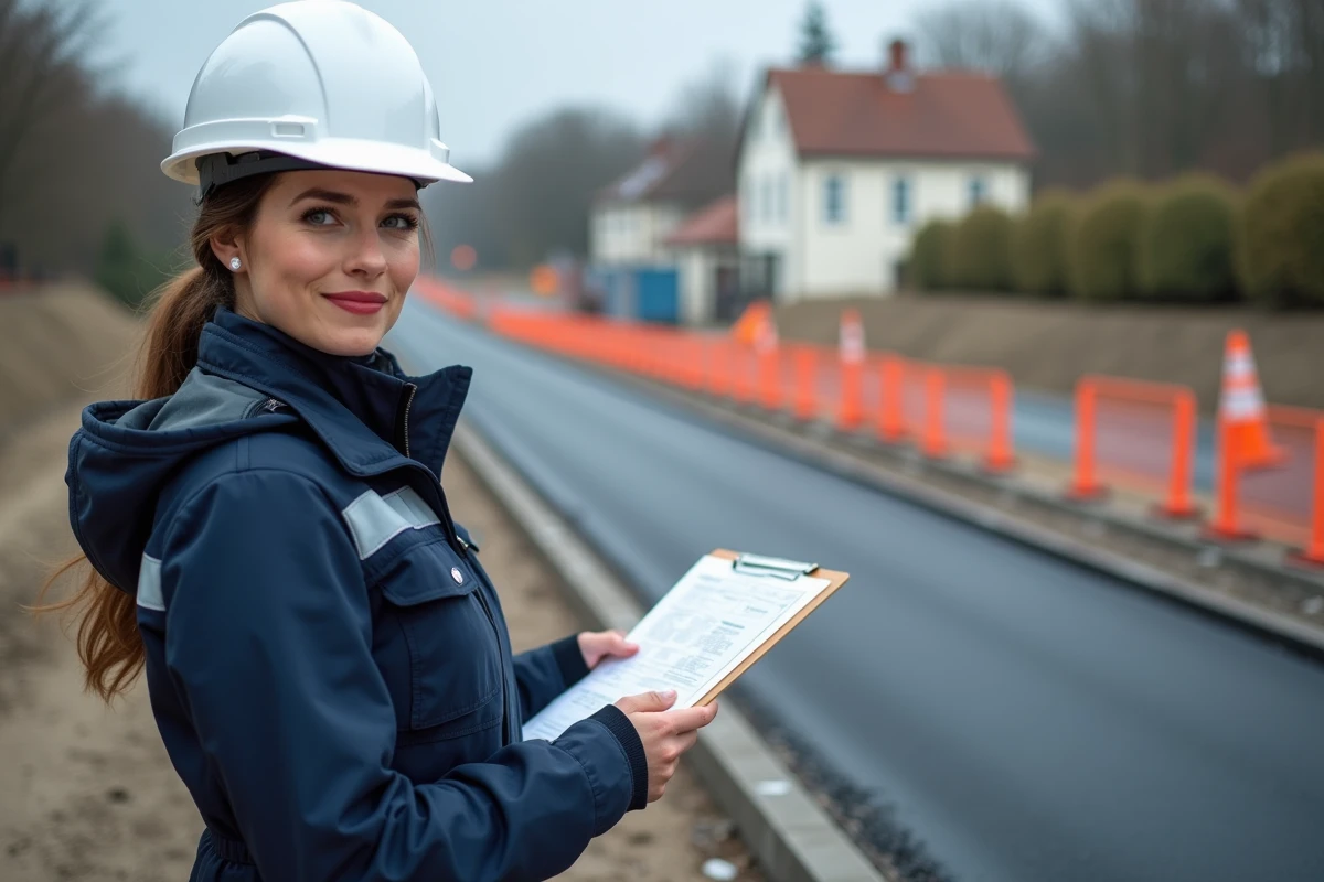 Ingénieure voirie municipale supervisant des travaux de réfection de chaussée