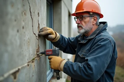Ouvrier du bâtiment injectant du ciment chimique dans un mur en béton extérieur avec un pistolet à cartouche professionnel