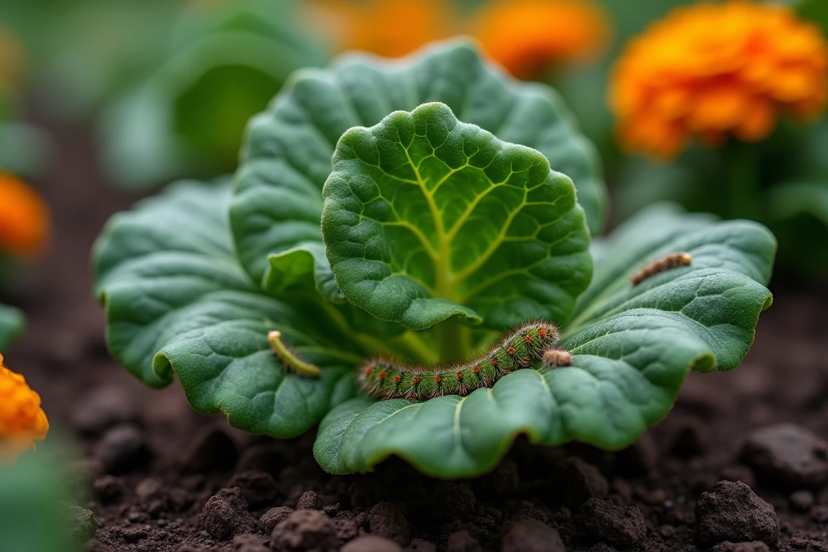 Gros plan sur des chenilles et mouches blanches infestant une feuille de chou kale dans un potager biologique