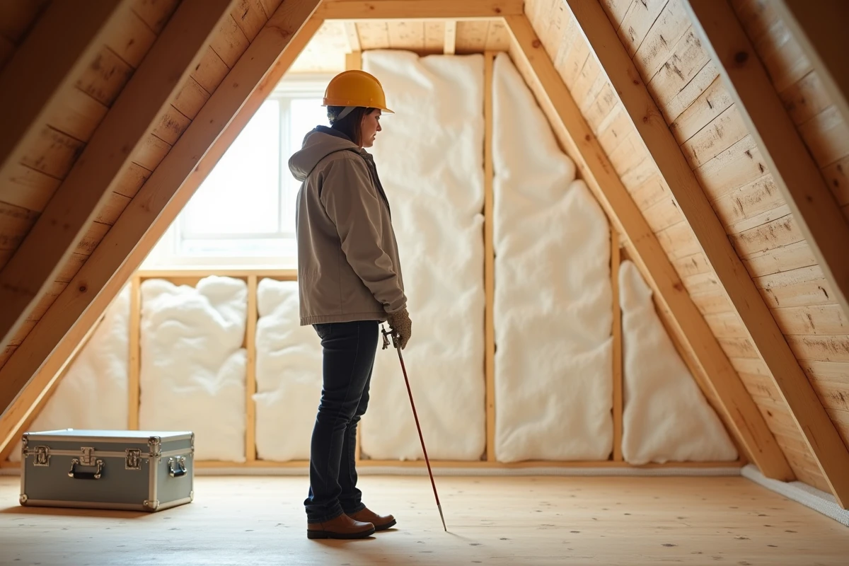 Conseillère en rénovation énergétique inspectant des panneaux isolants rigides en polyuréthane dans des combles perdus
