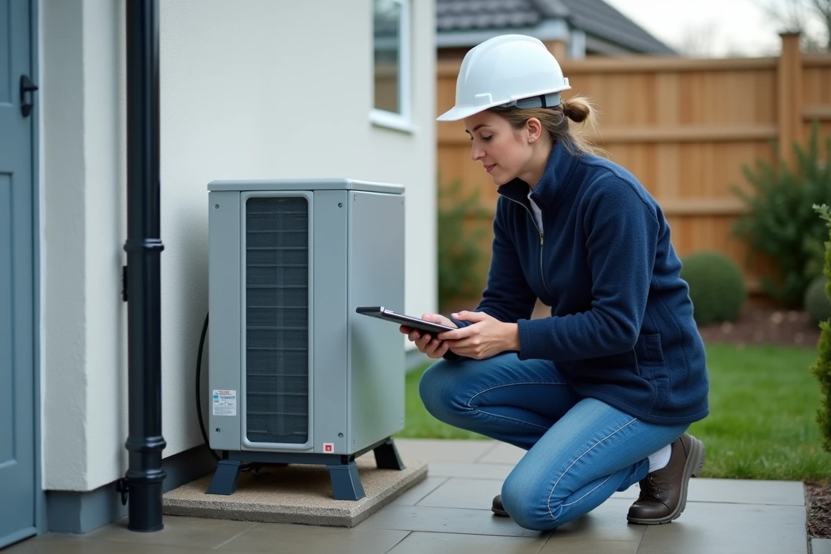 Conseillère en rénovation énergétique inspectant une pompe à chaleur installée en extérieur d'une maison individuelle
