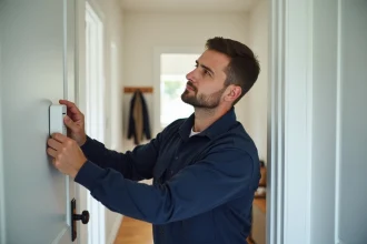 Technicien installant un capteur d'alarme sans fil sur un cadre de porte dans une maison moderne