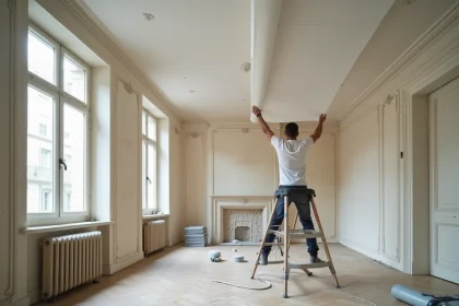 Installateur posant un plafond tendu blanc dans un appartement ancien haussmannien avec moulures et parquet en bois